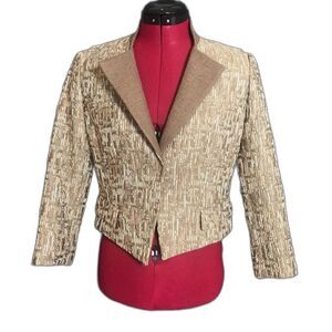 T Tahari Blazer Women’s Size 4 Metallic Beige Snap Closure Faux Pockets